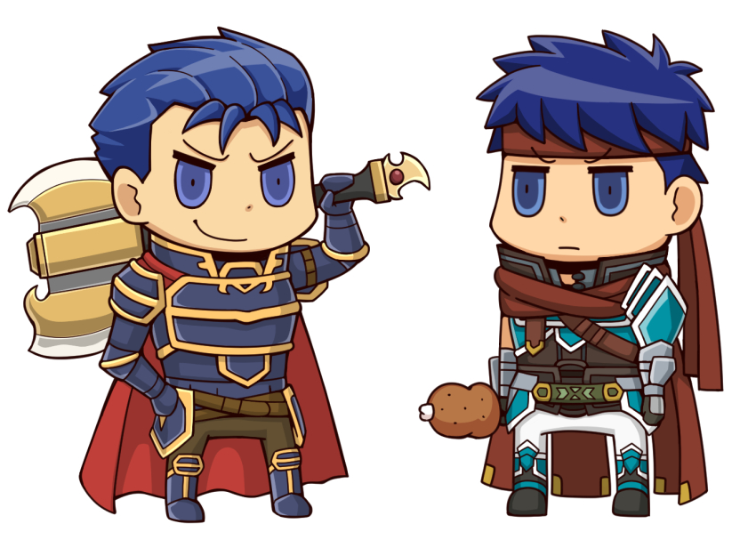 2boys armor axe battle_axe blue_eyes blue_hair boned_meat cape chibi commentary_request double-sided_axe fire_emblem fire_emblem:_radiant_dawn fire_emblem:_the_blazing_blade food headband hector_(fire_emblem) holding holding_axe holding_food holding_weapon ike_(fire_emblem) ike_(vanguard_legend)_(fire_emblem) male_focus meat multiple_boys nintendo parody red_cape red_headband riyo_(lyomsnpmp)_(style) short_hair simple_background style_parody vert_cypres weapon
