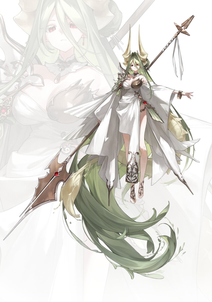 1girl absurdly_long_hair absurdres asymmetrical_dress bracelet breasts closed_mouth commentary detached_collar dress earrings full_body gem green_hair hair_between_eyes hair_intakes highres holding holding_weapon huge_horns jewelry jyuuku large_breasts long_hair long_hair_between_eyes looking_at_viewer no_shoes original pointy_ears red_eyes red_gemstone solo symbol-only_commentary tail very_long_hair weapon white_dress zoom_layer