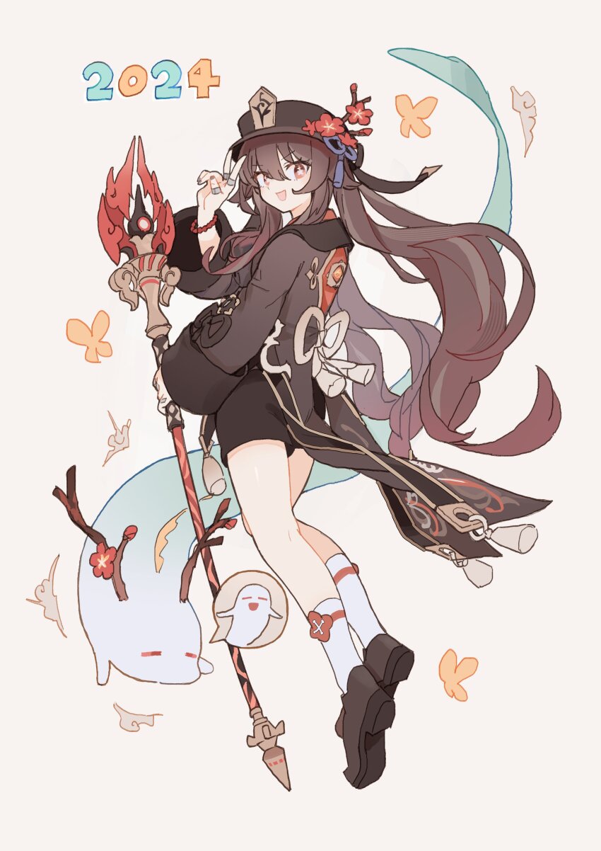 1girl 2024 :d absurdres bead_bracelet beads black_footwear black_headwear black_nails black_shorts boo_tao_(genshin_impact) bracelet brown_hair bug butterfly coattails collared_coat flower flower-shaped_pupils full_body genshin_impact hair_between_eyes hand_up hat hat_flower highres holding holding_staff hu_tao_(genshin_impact) insect jewelry long_hair long_sleeves looking_at_viewer looking_back multiple_rings open_mouth origami_gyokuo plum_blossoms porkpie_hat red_eyes ring shorts simple_background sleeves_past_wrists smile socks spoken_ghost staff symbol-shaped_pupils v white_socks