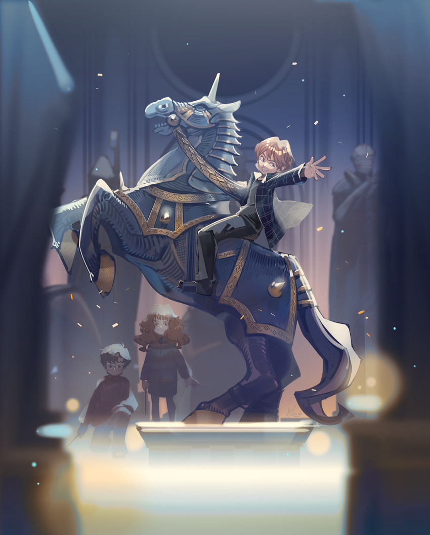 bishop_(chess) black_hair board_game brown_hair chess chess_piece emase_(foxmoon) glasses hand_up harry_potter harry_potter_(series) hermione_granger highres horseback_riding knight_(chess) queen_(chess) red_hair riding ron_weasley smile wizarding_world