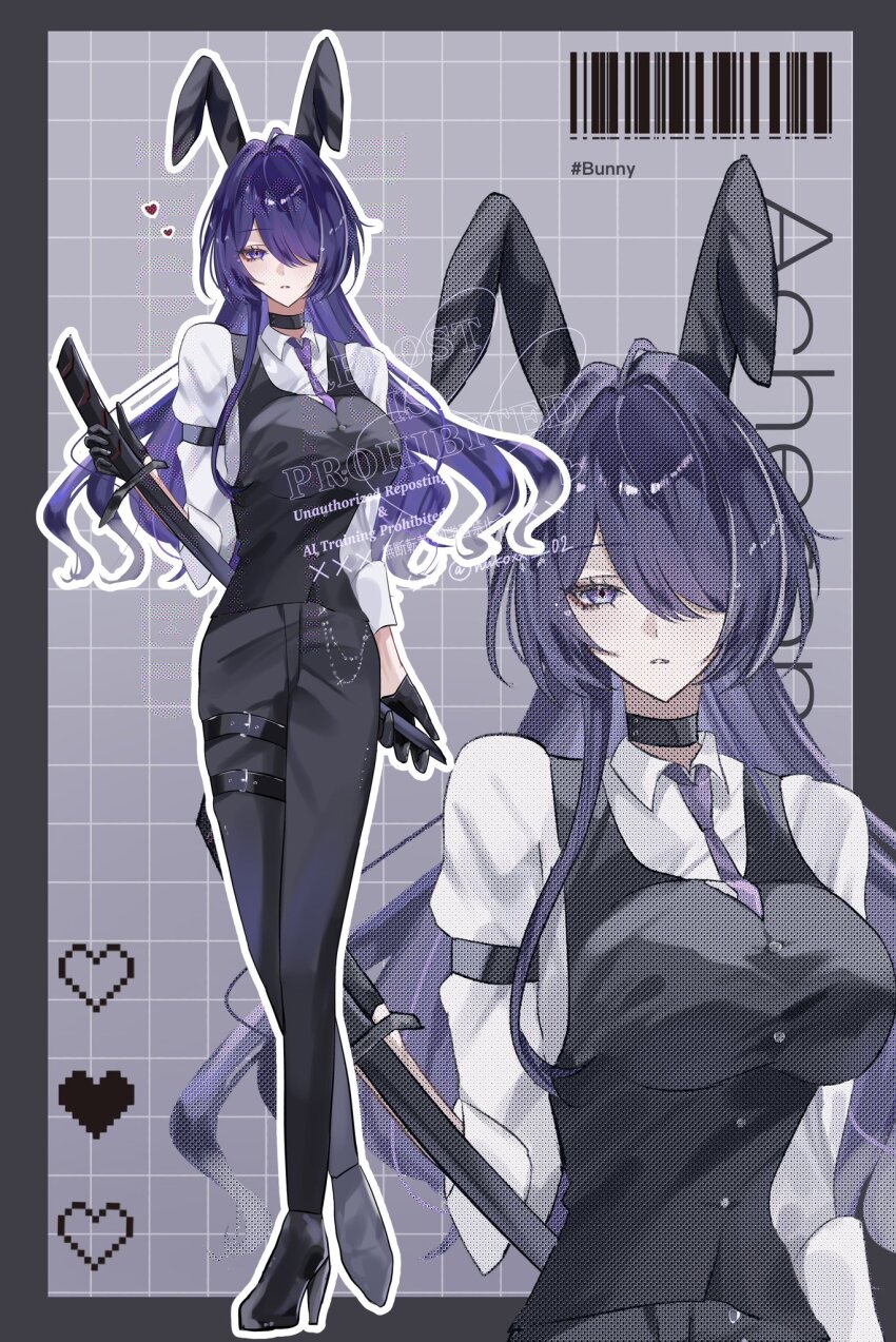 1girl acheron_(honkai:_star_rail) alternate_costume animal_ears barcode belt black_choker black_gloves black_pants black_shoes black_vest breasts character_name choker collared_shirt crossed_legs fake_animal_ears gloves hair_over_one_eye high_heels highres holding holding_sword holding_weapon honkai:_star_rail honkai_(series) katana large_breasts looking_at_viewer multiple_girls necktie nukoxx_02 pants purple_eyes purple_hair purple_necktie rabbit_ears sheath sheathed shirt shoes sword thigh_belt thigh_strap vest watermark watson_cross weapon white_shirt