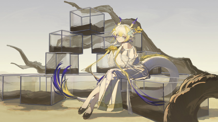 1girl absurdres arknights blonde_hair brown_shoes closed_mouth colored_extremities commentary day dragon_girl dragon_horns dragon_tail dress fang_bai_doufu_wu full_body green_eyes highres horns light_smile long_hair multicolored_hair no_socks outdoors own_hands_together purple_hair shoes shu_(arknights) sitting solo tail white_dress white_hair