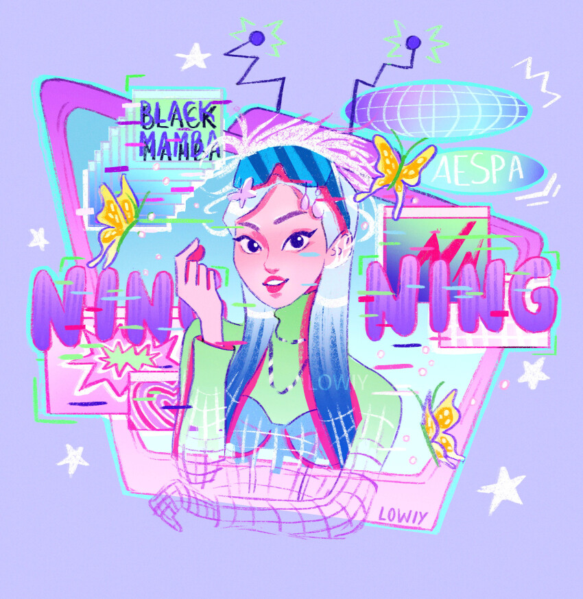 1girl absurdres aespa artist_name artist_name_(singer) blue_hair bug butterfly green_sweater hashtag-only_commentary highres insect k-pop long_hair looking_at_viewer lowiy ningning_(aespa) pink_lips purple_background real_life simple_background solo song_name sparkle star_(symbol) sweater turtleneck turtleneck_sweater upper_body white_hair