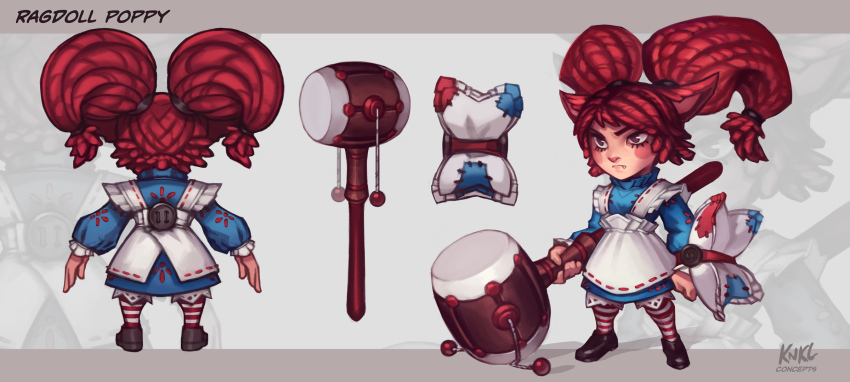 1girl alternate_costume alternate_hairstyle animal_ears apron artist_name blush blush_stickers brown_eyes buckler buttons character_name concept_art dress fang highres kienan_lafferty league_of_legends multiple_views pantyhose pillow poppy_(league_of_legends) ragdoll_poppy rattle_drum red_hair shield striped_clothes striped_legwear striped_pantyhose turnaround twintails yarn