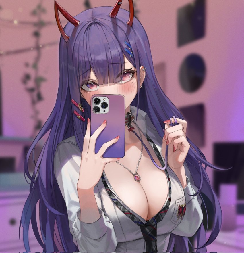 1girl akuma_nihmune akuma_nihmune_(1st_costume) black_necktie blunt_bangs blurry blurry_background blush breasts breasts_squeezed_together choker cleavage demon_horns earrings fake_horns grey_choker highres horns indie_virtual_youtuber indoors jewelry large_breasts long_hair looking_at_viewer maenoo nail_polish necklace necktie phone pink_nails purple_eyes purple_hair selfie shirt solo standing upper_body virtual_youtuber white_shirt