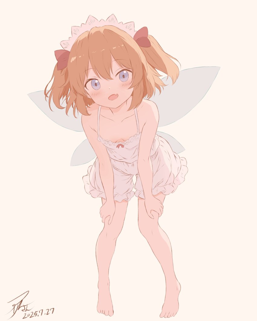 1girl absurdres bent_over blonde_hair bloomers blue_eyes blush camisole fairy fairy_wings fang headdress highres iris-san open_mouth ribbon short_hair skin_fang solo sunny_milk touhou twintails two_side_up underwear white_background wings