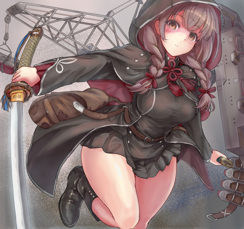1girl bag belt black_boots black_capelet black_dress blush boots braid breasts brown_belt brown_eyes brown_hair capelet closed_mouth commission dress em_s highres holding holding_sword holding_weapon hood hooded_capelet kantai_collection katana large_breasts long_hair long_sleeves shinshuu_maru_(kancolle) solo sword twin_braids unsheathed weapon
