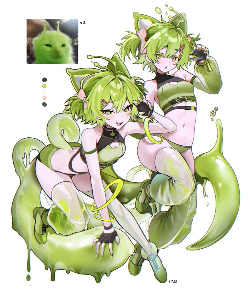 2girls absurdres black_gloves bow bowtie breasts cat cleavage cleavage_cutout clothing_cutout color_guide fingerless_gloves glorp gloves green_hair hair_bow hair_ornament hairclip haze_(7h4ze) highres meme multiple_girls original personification photo_inset reference_inset short_hair slime_(substance) small_breasts tagme thighhighs