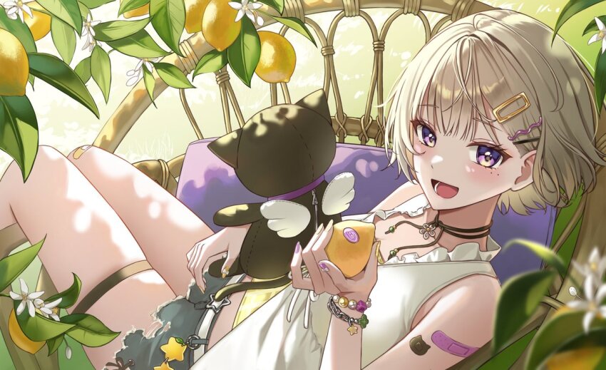 1girl bandaid bandaid_on_arm bare_shoulders blonde_hair chair denim denim_shorts flower food fruit hair_flower hair_ornament hairclip huion jacket leaf lemon mole mole_under_eye nail_polish original pillow pora_0918 purple_eyes purple_nails purple_pillow shirt short_hair shorts sleeveless sleeveless_jacket solo stuffed_toy sunlight thigh_strap white_jacket yellow_shirt zipper