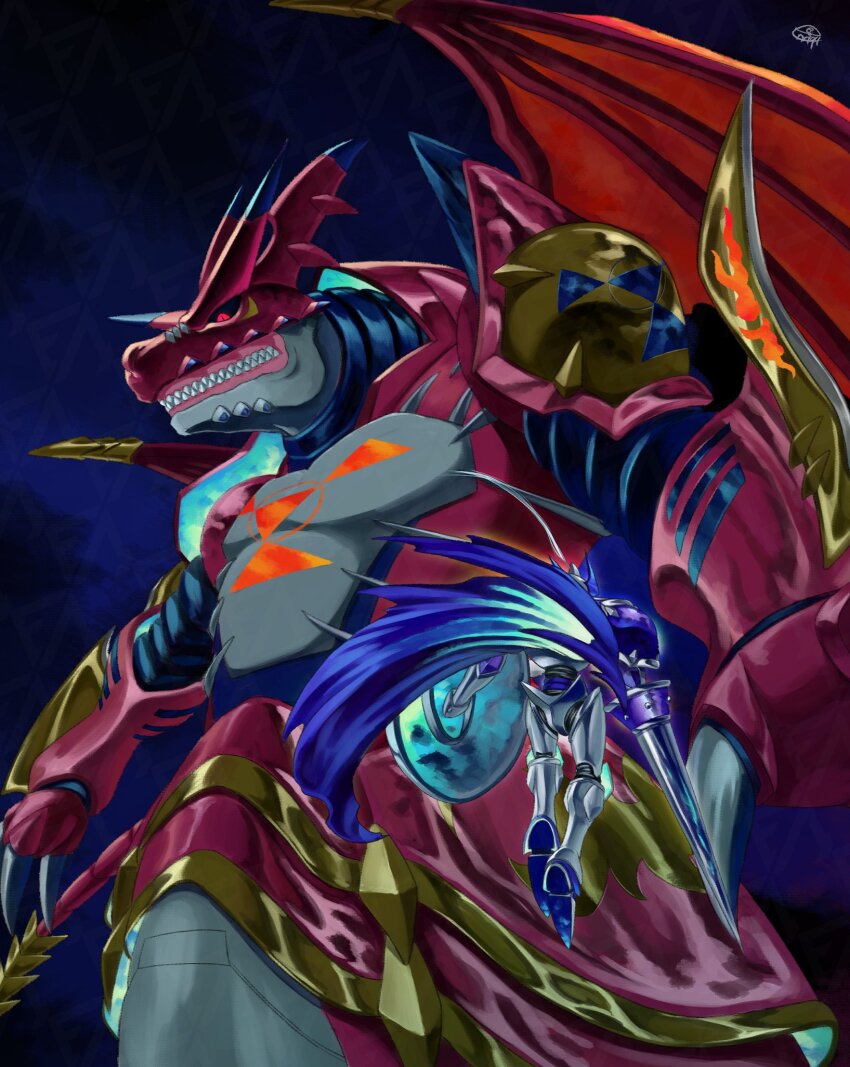 armor asymmetrical_dual_wielding blue_cape cape chaosdukemon digimon digimon_(creature) dragon dual_wielding enrike_(enrique_mr_blue) evolutionary_line grey_armor highres holding holding_polearm holding_shield holding_weapon lance looking_at_viewer megidramon polearm red_eyes red_scales sharp_teeth shield teeth weapon