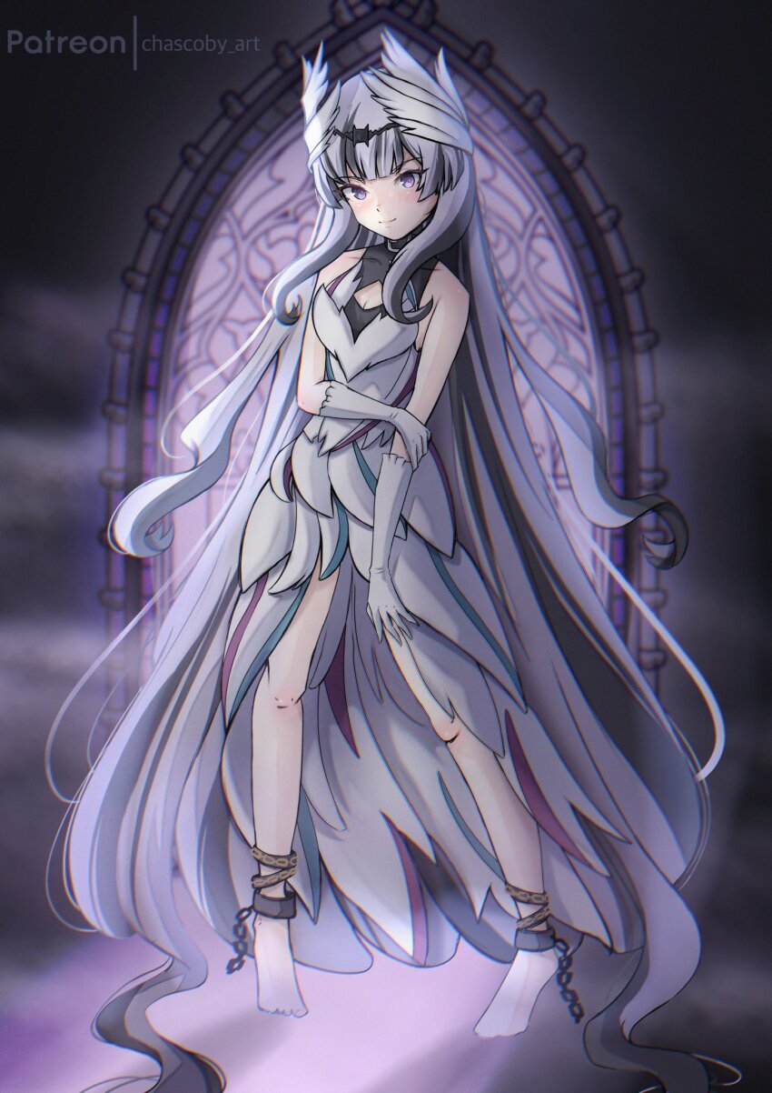 1girl bare_shoulders black_choker black_hair chained_legs chascoby choker fire_emblem fire_emblem_engage grey_hair hair_ornament highres indoors long_hair looking_at_viewer multicolored_hair nintendo purple_eyes solo two-tone_hair very_long_hair veyle_(fire_emblem) wavy_hair wing_hair_ornament