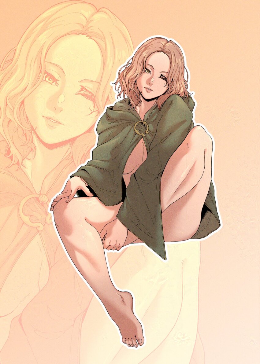 barefoot blonde_hair breasts cloak commentary elden_ring english_commentary feet full_body green_cloak hand_on_own_foot hand_on_own_thigh highres invisible_chair knee_up lips medium_hair melina_(elden_ring) naked_cloak no_bra one_eye_closed outline paid_reward_available parted_lips sitting thighs toes white_outline yellow_eyes zev_zero zoom_layer