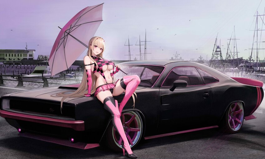 1girl alternate_costume arm_support bare_shoulders bikini bikini_bottom_only black_bikini black_panties black_thighhighs blonde_hair boots breasts car checkered_clothes checkered_shirt commission crop_top dodge_(company) dodge_challenger elbow_gloves extreme_crop_top fingerless_gloves garter_straps gloves goddess_of_victory:_nikke harbor high_heel_boots high_heels highres holding holding_umbrella horns kcar66t knee_up large_breasts leaning_against_vehicle leaning_back long_hair looking_at_viewer microskirt midriff miniskirt motor_vehicle muscle_car nail_polish navel on_car open_mouth outdoors panties pink_boots pink_eyes pink_gloves pink_horns pink_nails pink_skirt pleated_skirt race_queen red_eyes revealing_clothes revision shirt sideboob sitting sitting_on_car skirt sleeveless sleeveless_shirt sleeveless_turtleneck smile solo stomach swimsuit thigh_boots thighhighs thighs turtleneck umbrella underboob underwear very_long_hair viper_(nikke) wide_shot yacht