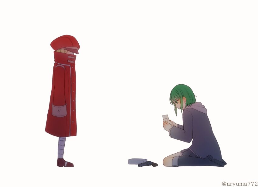 2girls aryuma772 bandaged_leg bandages box brown_footwear buttons collared_jacket double-breasted evillious_nendaiki green_eyes green_hair grey_footwear grey_jacket grey_shirt gumi gun handgun high_collar highres hood hood_down hooded_jacket jacket kagamine_rin kneeling letter lilith_baldured long_sleeves multiple_girls nemesis_sudou pleated_skirt reading red_jacket reincarnation revolver saigo_no_revolver_(vocaloid) shirt shoes sidelocks skirt sleeves_past_fingers sleeves_past_wrists vocaloid weapon wide_sleeves