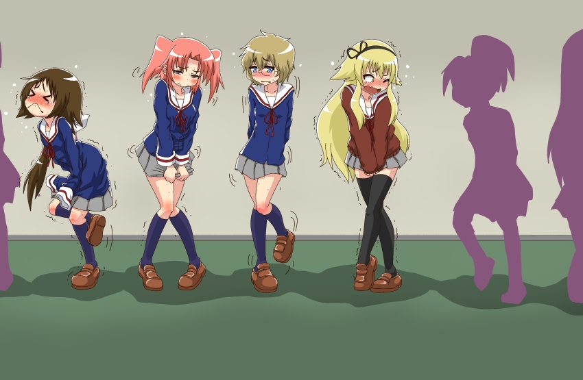 &gt;_&lt; 4girls :&lt; absurdres ao_kurage arched_back arms_behind_back between_legs biting_own_lip black_hairband black_thighhighs blonde_hair blue_eyes blue_shirt blue_socks blush breasts brown_footwear brown_hair closed_eyes clothes_grab collarbone constricted_pupils crossed_legs embarrassed female_focus flat_chest flying_sweatdrops full_body glasses grey_skirt hair_flaps hairband half-closed_eyes hand_between_legs have_to_pee heel_up highres indoors jaggy_lines kneehighs knees_together_feet_apart leg_up legs long_hair long_sleeves looking_at_viewer medium_hair mikakunin_de_shinkoukei miniskirt mitsumine_mashiro momouchi_mayura motion_lines multiple_girls neck_ribbon nervous nose_blush one_eye_closed open_mouth pink_hair pleated_skirt ponytail purple_eyes queue raised_eyebrow raised_eyebrows red_ribbon red_sweater ribbon sailor_collar school_uniform serafuku shirt shoes short_hair sidelocks silhouette skirt skirt_grab sleeves_past_fingers sleeves_past_wrists small_breasts socks split_mouth standing standing_on_one_leg suetsugi_konoha sweat sweater tears thighhighs thighs trembling twintails v_arms very_long_hair wavy_mouth white_sailor_collar wide-eyed wince yellow_eyes yonomori_kobeni zettai_ryouiki