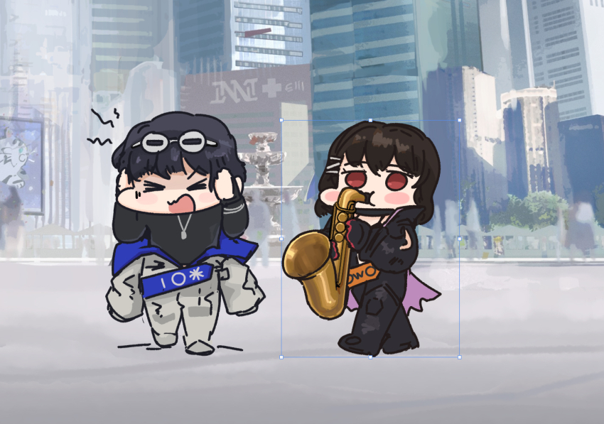 &gt;o&lt; 1boy 1girl bikini black_bikini black_hair chibi diving_suit eyewear_on_head girls&#039;_frontline girls&#039;_frontline_neural_cloud gloves hair_ornament hatsuchiri_(neural_cloud) holding holding_instrument holding_trumpet instrument meme outdoors pure_boy red_eyes sueyoi_(neural_cloud) swimsuit trumpet trumpet_boy_(meme)