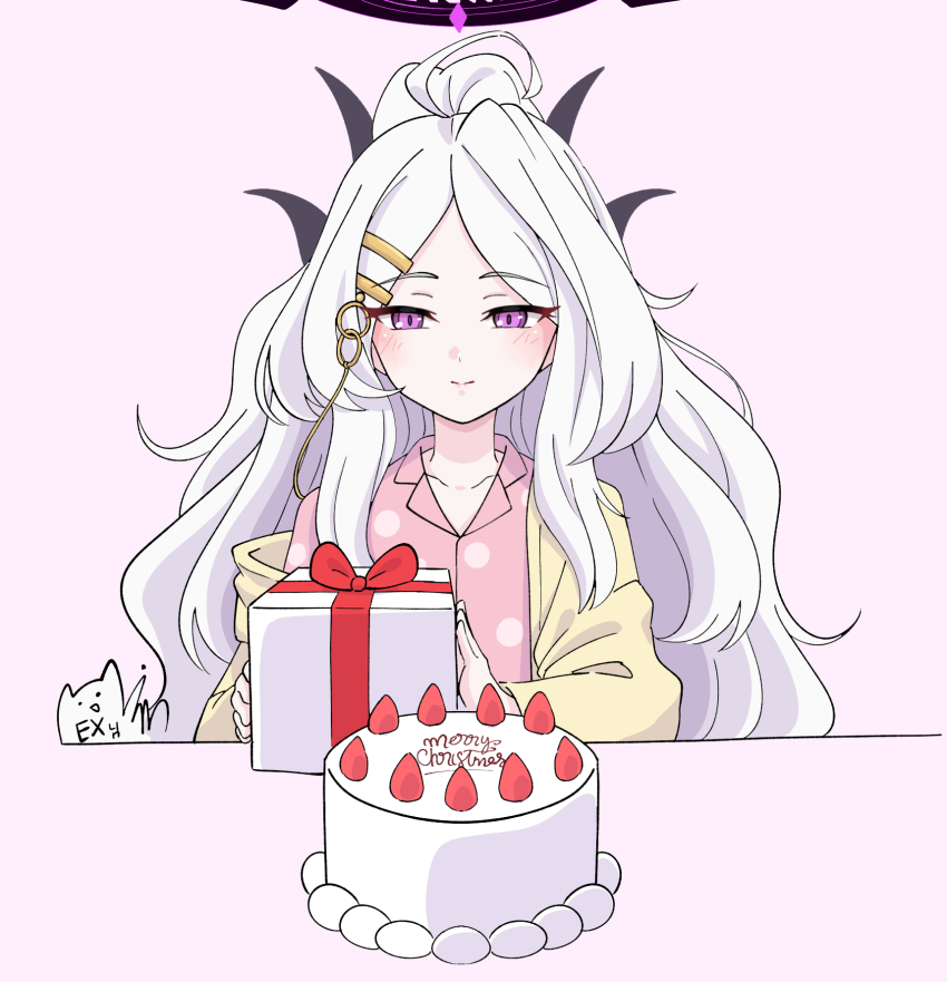 1girl blue_archive box cake cardigan christmas_cake commentary_request demon_girl demon_horns food forehead fruit gift gift_box hair_down hair_ornament hairclip halo highres hina_(blue_archive) hina_(pajamas)_(blue_archive) holding holding_box horns long_hair long_sleeves looking_at_viewer majinmallow merry_christmas official_alternate_costume official_alternate_hairstyle open_cardigan open_clothes pajamas parted_bangs pink_pajamas polka_dot polka_dot_pajamas purple_eyes sidelocks simple_background smile solo strawberry strawberry_cake strawberry_slice wavy_hair white_hair yellow_cardigan