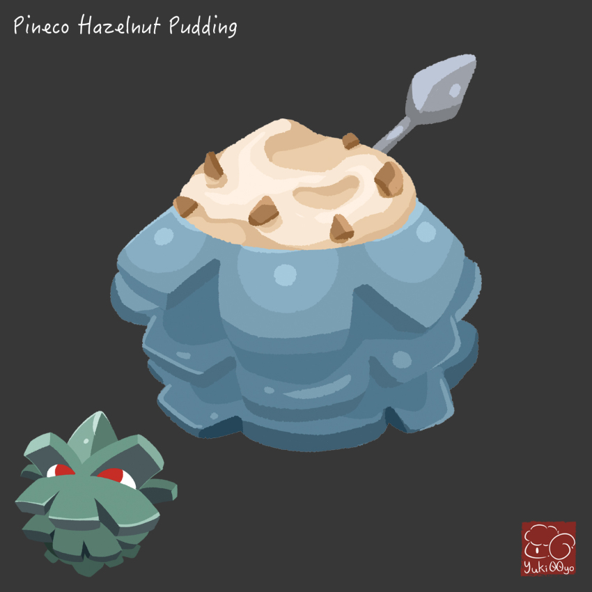artist_logo artist_name character-themed_food character_name food food_focus food_name gen_2_pokemon grey_background highres logo nintendo no_humans nut_(food) pineco pokemon pokemon_(creature) pudding simple_background yuki00yo
