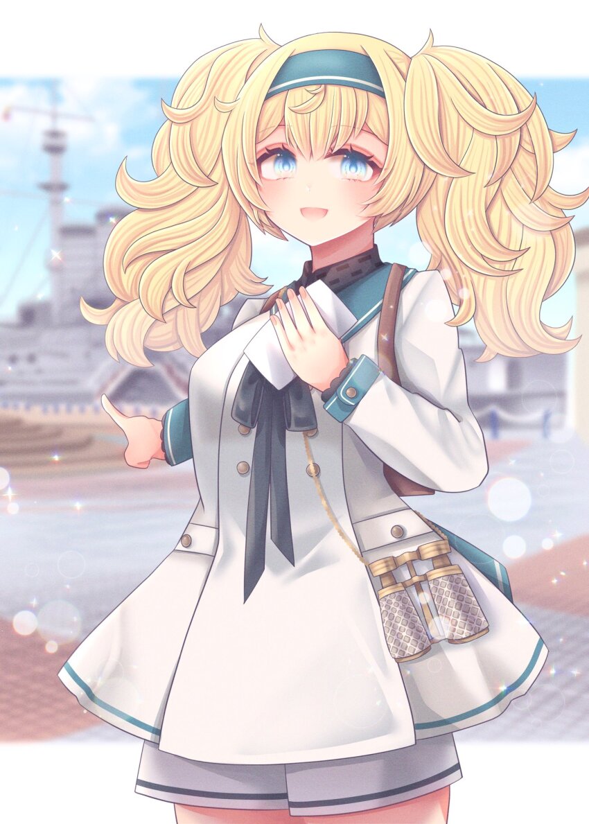 1girl bag battleship binoculars blonde_hair blue_eyes blue_hairband blue_sailor_collar cloud commentary_request cowboy_shot dress gambier_bay_(kancolle) gambier_bay_(sasebo)_(kancolle) hair_between_eyes hairband high_side_ponytail highres holding holding_map kantai_collection long_hair long_sleeves map map_(object) mikasa_(battleship) military_vehicle nagi_kantai114 neckerchief open_mouth outdoors park pointing sailor_collar sailor_dress ship smile solo twintails warship watercraft white_dress