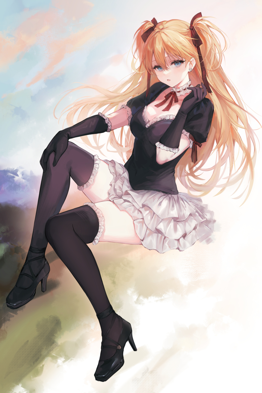 1girl absurdres black_gloves black_thighhighs blue_eyes earrings frilled_skirt frills full_body gloves hair_ribbon hand_on_own_knee hand_up high_heels highres hum_(ten_ten) invisible_chair jewelry long_hair looking_at_viewer maid miniskirt neck_ribbon neon_genesis_evangelion orange_hair puffy_short_sleeves puffy_sleeves red_ribbon ribbon short_sleeves sitting skirt solo souryuu_asuka_langley thighhighs thighs two_side_up very_long_hair white_skirt zettai_ryouiki