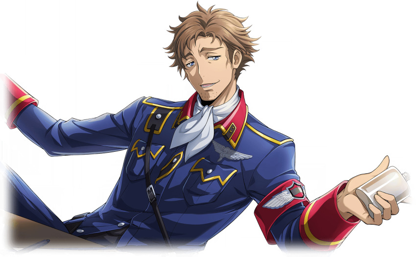 1boy armband artist_request beard_stubble belt blue_eyes blue_jacket blue_pants bottle breast_pocket brown_hair buttons claus_warwick code_geass code_geass:_boukoku_no_akito code_geass:_lost_stories facial_hair game_cg half-closed_eyes hands_up happy head_tilt highres hip_flask holding holding_bottle jacket leaning_back long_sleeves looking_at_viewer male_focus medal military_uniform non-web_source official_art open_mouth pants pen pocket short_hair simple_background sitting smile solo stubble table teeth transparent_background