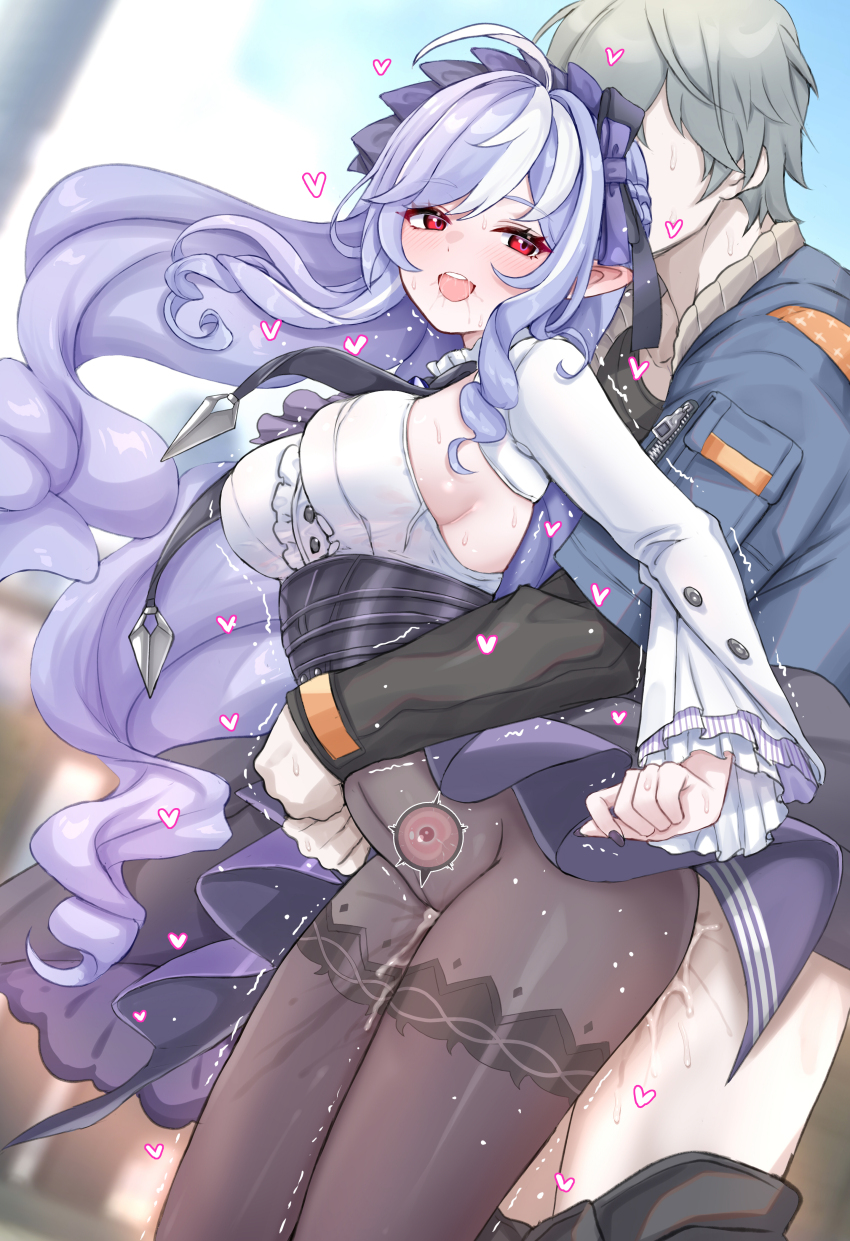 1boy 1girl absurdres afterglow ahoge bar_censor black_pantyhose black_shirt blue_jacket blue_sky blush bow breasts censored center_frills clothed_sex commentary couple cross-section cum daram_(shappydude) day denim denim_jacket dress frills grey_hair hair_bow hetero high-waist_skirt highres hug hug_from_behind jacket large_breasts large_variant_set long_sleeves looking_at_viewer mole mole_under_eye multicolored_hair open_mouth outdoors pantyhose patterned_legwear penis pointy_ears purple_bow purple_eyes purple_hair purple_skirt red_eyes revision sex sex_from_behind shirt short_hair showgirl_skirt sideboob skirt sky smile streaked_hair teeth two-tone_hair underbust upper_teeth_only variant_set vivian_banshee white_hair white_shirt wise_(zenless_zone_zero) zenless_zone_zero