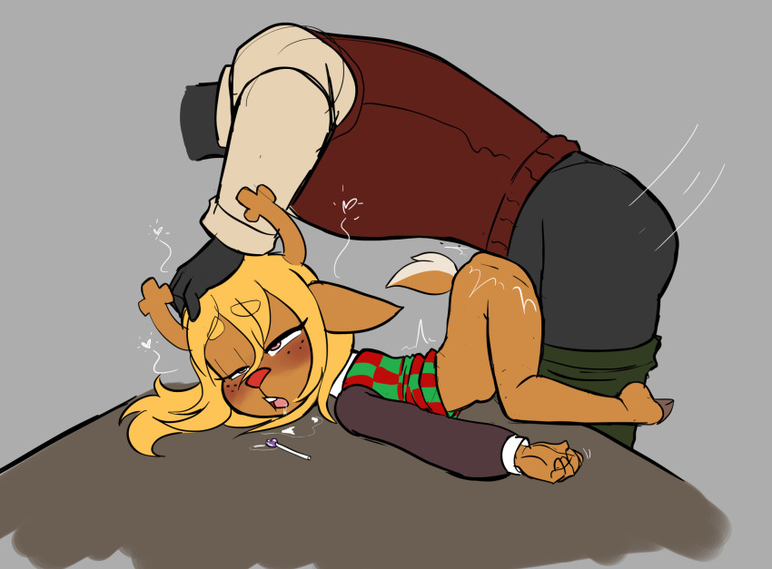 1boy 1girl age_difference aged_down animal_ears antlers bent_over black_sleeves blonde_hair blush candy checkered_clothes deer_antlers deer_ears deer_girl deer_tail deltarune desk dress_shirt drooling face_down food furry furry_female furry_male furry_with_furry glossypenthouse grey_background hair_between_eyes half-closed_eyes hand_on_another&#039;s_head headless heart hetero horns lollipop long_hair long_sleeves lying motion_lines noelle_holiday on_desk on_stomach open_mouth red_vest rolling_eyes saliva sex sex_from_behind shirt simple_background sitting size_difference sweater_vest tail teacher teacher_and_student teeth tongue top-down_bottom-up vest white_shirt