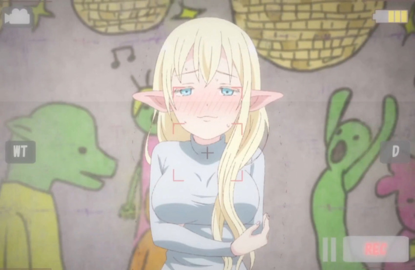 1girl asobi_asobase blonde_hair blue_eyes blush breasts crossed_arms disguise elf half-closed_eyes highres large_breasts long_hair looking_at_viewer olivia_(asobi_asobase) pointy_ears recording smile solo stitched sweat sweater third-party_edit trembling