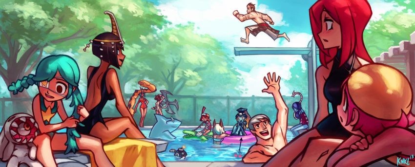 2boys 6+girls adam_kapowski adapted_costume adjusting_hair ancient_egyptian annie_(skullgirls) aqua_hair back_cutout backless_outfit bare_shoulders beowulf_(skullgirls) blush cerebella_(skullgirls) circlet clothing_cutout dark_skin eliza_(skullgirls) everyone eyeball eyepatch flat_chest george_the_bomb glasses hand_on_own_hip highres huge_weapon innertube kienan_lafferty lenny_the_bomb leviathan_(skullgirls) mask monster_boy ms._fortune_(skullgirls) multiple_boys multiple_girls one-eyed painwheel_(skullgirls) panzerfaust_(skullgirls) parasoul_(skullgirls) peacock_(skullgirls) pool red_eyes red_hair sagan_(skullgirls) shark shuriken skullgirls squigly_(skullgirls) stanley_whitefin star_(symbol) strapless stuffed_animal stuffed_rabbit stuffed_toy swim_cap swim_ring tube_top umbrella_(skullgirls) vice-versa_(skullgirls) waving weapon