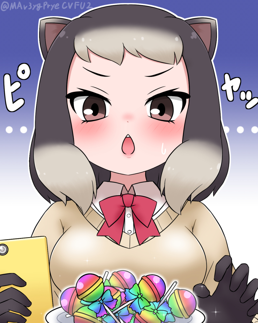 1girl :&lt; alpine_marmot_(kemono_friends) animal_ears black_gloves blush bow bowtie brown_eyes brown_hair brown_sweater candy cellphone collared_shirt food gloves grey_hair highres kemono_friends mabuta_(mbt) multicolored_hair open_mouth phone red_bow red_bowtie shirt short_hair sidelocks smartphone solo squirrel_ears squirrel_girl squirrel_tail sweatdrop sweater tail upper_body white_shirt