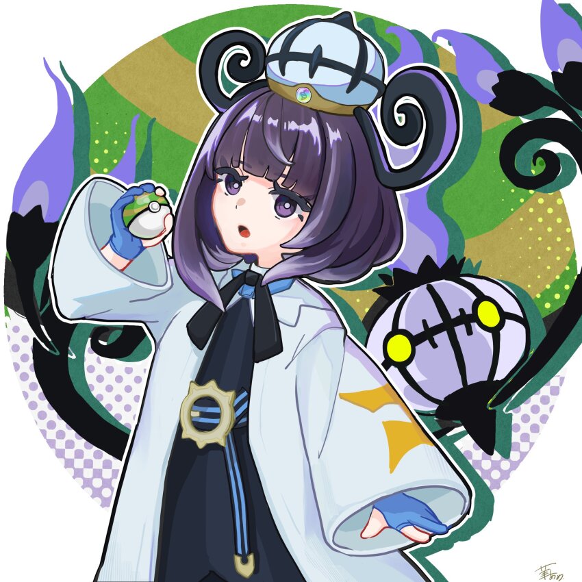 1girl :o belt belt_buckle black_dress blue_gloves bob_cut buckle chandelier chandelure coat dress eyelashes gen_5_pokemon gloves gwynn_(pokemon) hanaame_amejiro hat highres holding holding_poke_ball long_sleeves looking_at_viewer mega_stone nest_ball nintendo o-ring o-ring_belt open_clothes open_coat open_mouth partially_fingerless_gloves poke_ball pokemon pokemon_(creature) pokemon_legends:_z-a purple_eyes purple_hair short_hair white_coat wide_sleeves