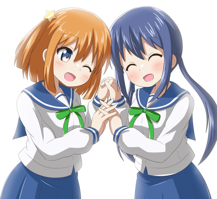 2girls blue_hair blue_sailor_collar blush closed_eyes dot_nose feet_out_of_frame female_focus hair_ornament happy highres holding_hands koisuru_asteroid konohata_mira manaka_ao multicolored_eyes multiple_girls nanog_eb1994 one_eye_closed open_mouth orange_hair sailor_collar school_uniform serafuku simple_background skirt standing star_(symbol) star_hair_ornament twintails white_background