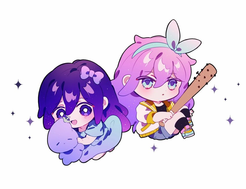 2girls :d aqua_eyes aqua_hairband aubrey_(faraway)_(omori) aubrey_(headspace)_(omori) aubrey_(omori) baseball_bat black_shirt black_socks blue_dress blue_hairband bow bright_pupils chibi chibi_only denim double-parted_bangs dress dual_persona full_body hair_between_eyes hair_bow hairband highres holding holding_baseball_bat holding_stuffed_toy jacket kneehighs long_hair looking_at_viewer ma2uwa mr._plantegg_(omori) multiple_girls nail nail_(hardware) nail_bat omori open_clothes open_jacket open_mouth orange_sailor_collar purple_bow purple_eyes purple_hair sailor_collar shirt shoes short_sleeves simple_background smile sneakers socks sparkle stuffed_eggplant stuffed_toy third-party_source tongue white_background white_jacket white_pupils