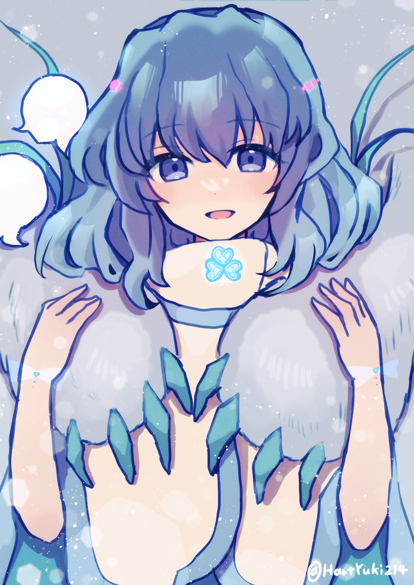 1girl @_(symbol) absurdres artist_name bear bear_claws blue_eyes blue_hair claws facing_viewer flat_chest haruto_yuki highres looking_at_viewer open_mouth signature smile ursula_(xenoblade) xenoblade_chronicles_(series) xenoblade_chronicles_2