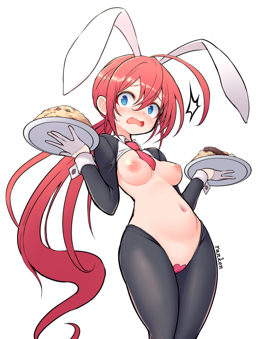 1girl absurdres ahoge animal_ears blue_eyes blush breasts embarrassed fake_animal_ears food heart_maebari highres holding holding_plate long_hair long_sleeves looking_at_viewer low_ponytail maebari medium_breasts meme_attire navel necktie nipples nose_blush nude open_mouth original plate ponytail rabbit_ears ranken red_hair red_necktie reverse_bunnysuit reverse_outfit shrug_(clothing) simple_background solo stomach very_long_hair white_background wide-eyed wrist_cuffs