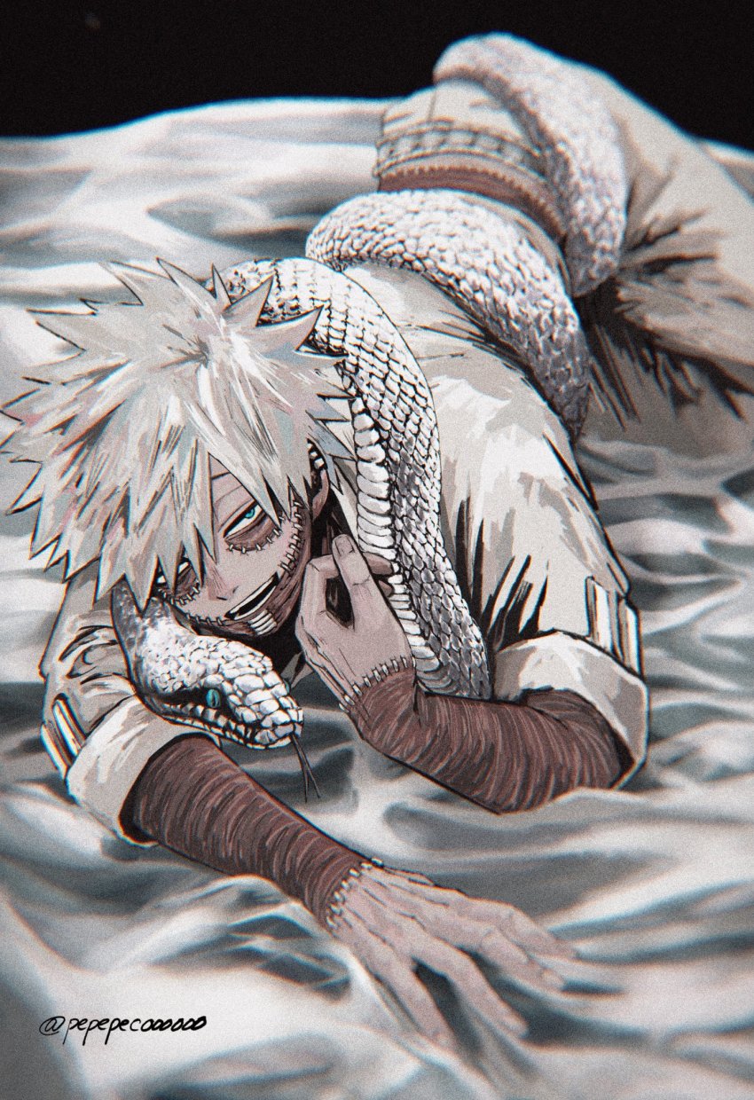 1boy anaconda bed_sheet blue_eyes blurry boku_no_hero_academia burn_scar dabi_(boku_no_hero_academia) depth_of_field ear_piercing film_grain highres looking_at_viewer lying male_focus multiple_piercings pepepecoooooo piercing scar scar_on_arm scar_on_face scar_on_hand scar_on_neck shirt short_hair sleeves_rolled_up snake soft_focus solo spiked_hair spoilers stapled stitches twitter_username white_hair white_shirt