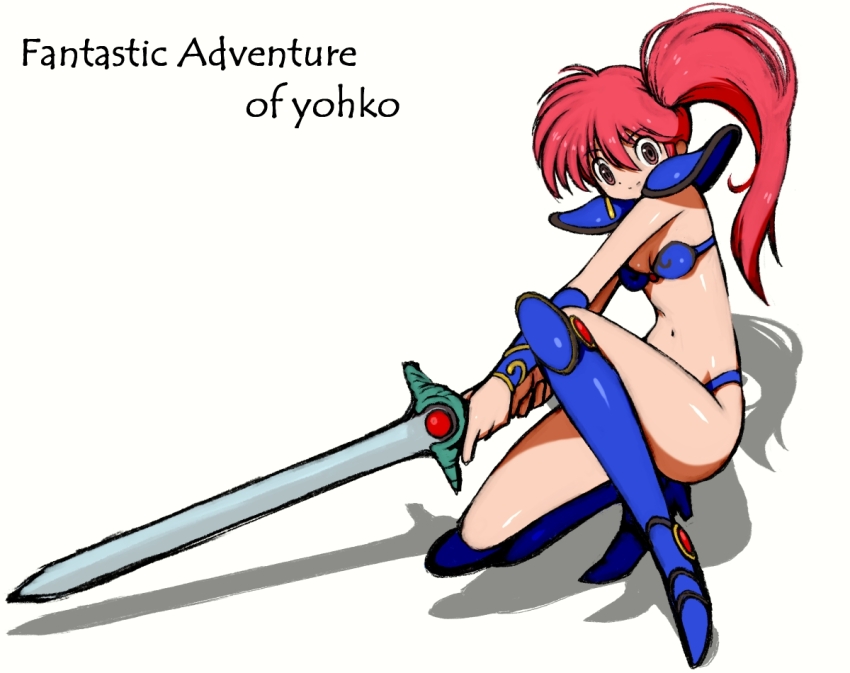 1girl armor armored_boots asagiri_youko beeru_(veil8801) bikini_armor blue_armor boots bracer breasts brown_eyes cleavage closed_mouth earrings full_body genmu_senki_leda hair_between_eyes high_heel_boots high_heels holding holding_sword holding_weapon jewelry long_hair navel pauldrons ponytail red_hair ringed_eyes shoulder_armor simple_background small_breasts smile solo split_mouth sword weapon white_background