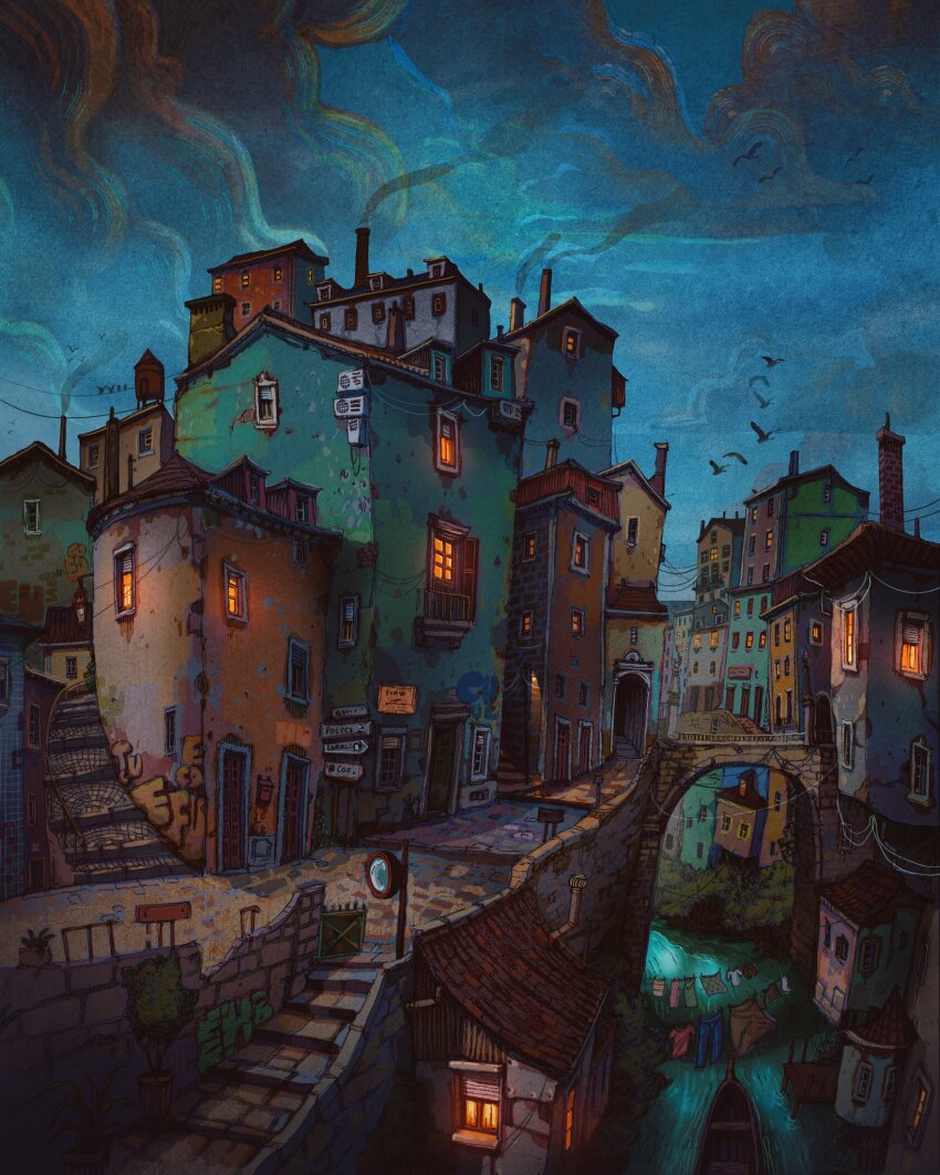 bird boat bridge building chimney clothes dock door flying francisco_fonseca graffiti highres original plant potted_plant power_lines railing rooftop smoke stairs urban water watercraft window window_light