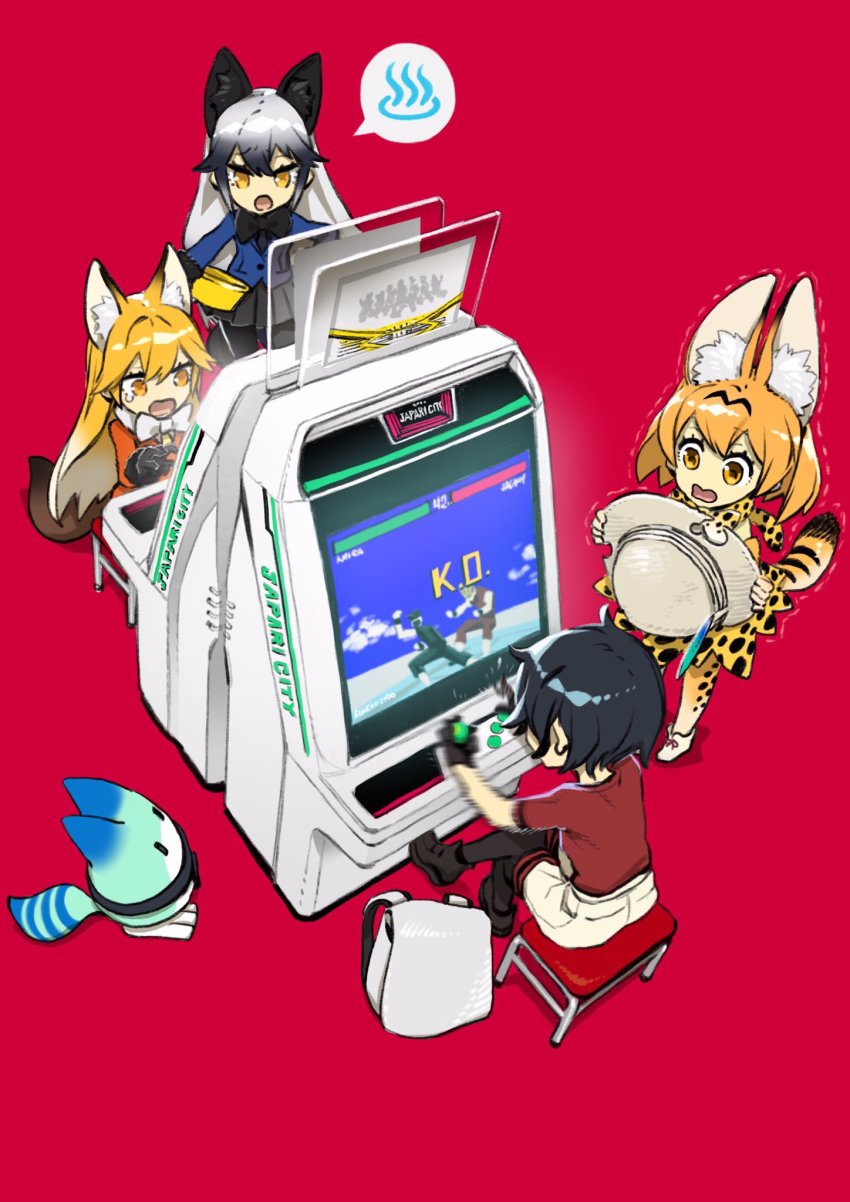 10s 4girls animal_ears animal_print arcade_cabinet backpack bag black_footwear black_hair black_skirt bow bowtie bucket_hat chair check_commentary commentary_request crossed_legs ezo_red_fox_(kemono_friends) fox_ears fox_tail gloves hat hat_feather highres jacket jacky_bryant kaban_(kemono_friends) kemono_friends long_hair long_sleeves lucky_beast_(kemono_friends) miwa_shirow motion_blur multiple_girls onsen_symbol pantyhose playing_games pleated_skirt red_background red_shirt sega_astro_city serval_(kemono_friends) serval_tail shirt shoes short_hair shorts silver_fox_(kemono_friends) sitting sitting_on_object skirt striped_tail tail tearing_up trembling virtua_fighter washpan white_shorts yellow_eyes yuki_akira