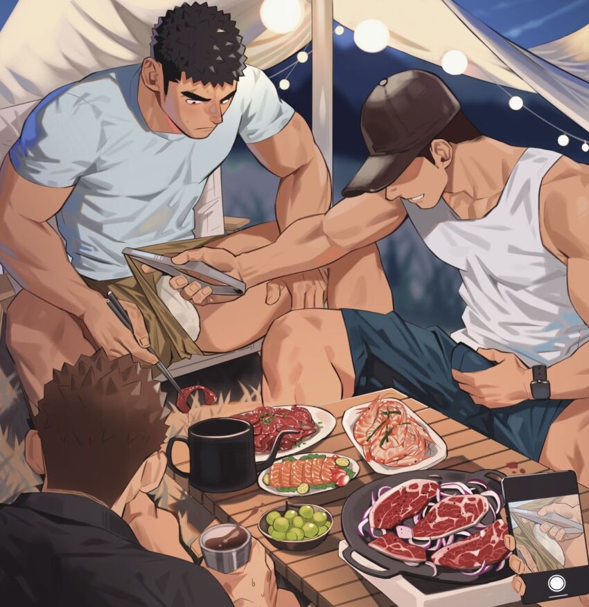 bara baseball_cap blush bottomless brown_hair brown_shorts bulge_peek crotch_grab cup faceless faceless_male facial_hair feet_out_of_frame food hat highres lifting_another&#039;s_clothes male_focus meat medium_sideburns muscular muscular_arms muscular_legs muscular_male original picnic profile shirt short_hair short_shorts shorts shorts_lift sideburns_stubble sitting stubble sushi tent_interior thick_eyebrows thighs tight_clothes tight_shirt yaoi youchi123