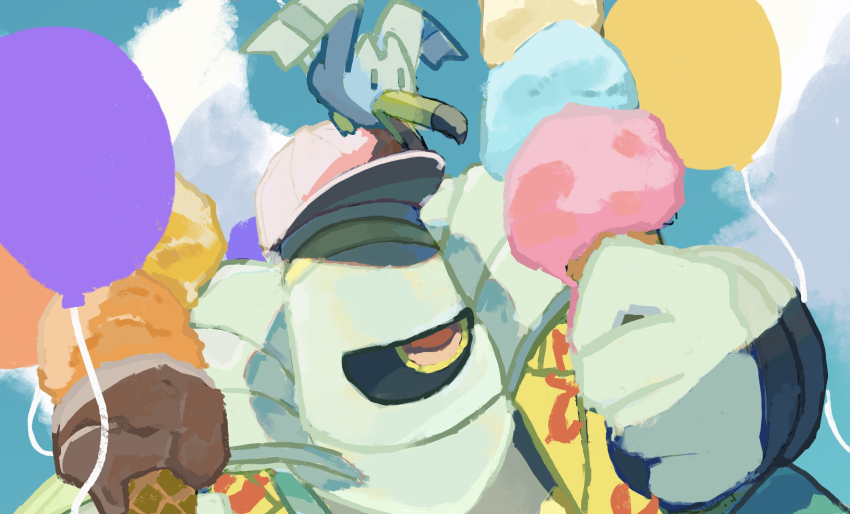 1other annoyed balloon baseball_cap bird black_eyes black_sclera blue_sky clothed_pokemon cloud colored_sclera colored_skin day dusknoir dutch_angle floral_print food gen_3_pokemon gen_4_pokemon grey_skin half-closed_eyes hands_up hat hawaiian_shirt highres holding holding_ice_cream_cone ice_cream ice_cream_cone napopo nintendo on_head one-eyed open_clothes open_mouth open_shirt other_focus outdoors pokemon pokemon_(creature) pokemon_on_head red_eyes red_hat shirt sketch sky solid_oval_eyes upper_body wingull yellow_shirt