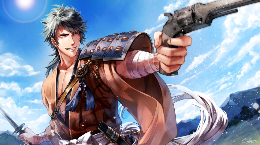 10s 1boy armor black_hair brown_hair cloud cloudy_sky day grin gun handgun holding holding_weapon igote japanese_armor japanese_clothes lens_flare male_focus mountain mutsu-no-kami_yoshiyuki otani_(gloria) pistol shoulder_armor sky smile sode solo sun sword teeth touken_ranbu weapon