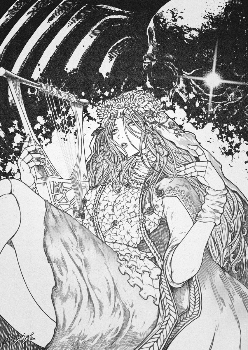 bandaged_wrist bandages elden_ring elden_ring_nightreign flower_wreath glowing glowing_eye greyscale greyvolg harp head_wreath highres instrument monochrome revenant_(elden_ring) skeleton