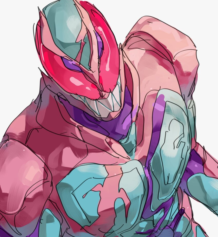 1boy armor bbbb_fex blue_armor dinosaur highres kamen_rider kamen_rider_revi kamen_rider_revice male_focus pink_armor purple_eyes red_eyes sharp_teeth shoulder_armor teeth tokusatsu tyrannosaurus_rex upper_body white_background