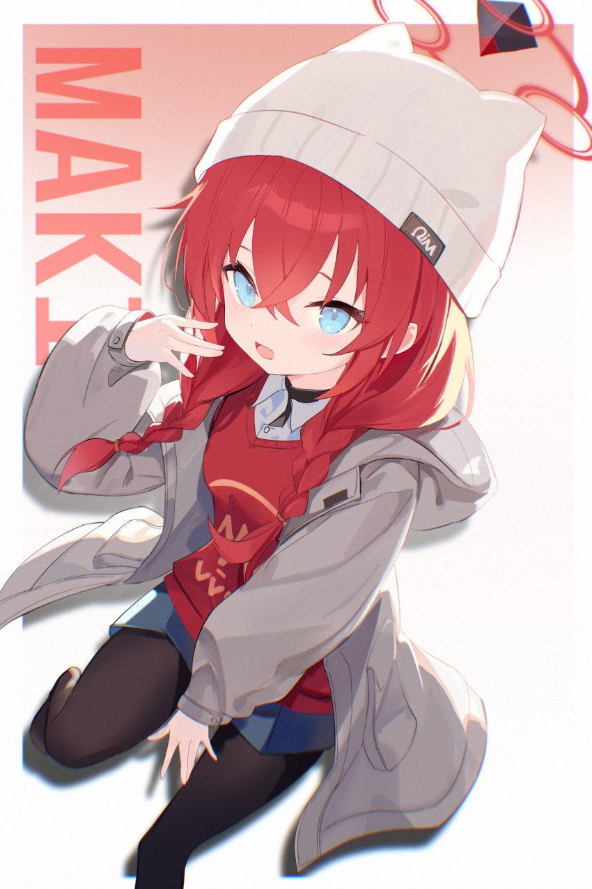 1girl absurdres black_pantyhose blue_archive blue_eyes brown_hat brown_jacket cardigan gradient_background halo hat highres jacket ksi_47 long_hair looking_at_viewer maki_(blue_archive) maki_(camp)_(blue_archive) pantyhose red_background red_cardigan red_hair red_halo solo two-tone_background white_background