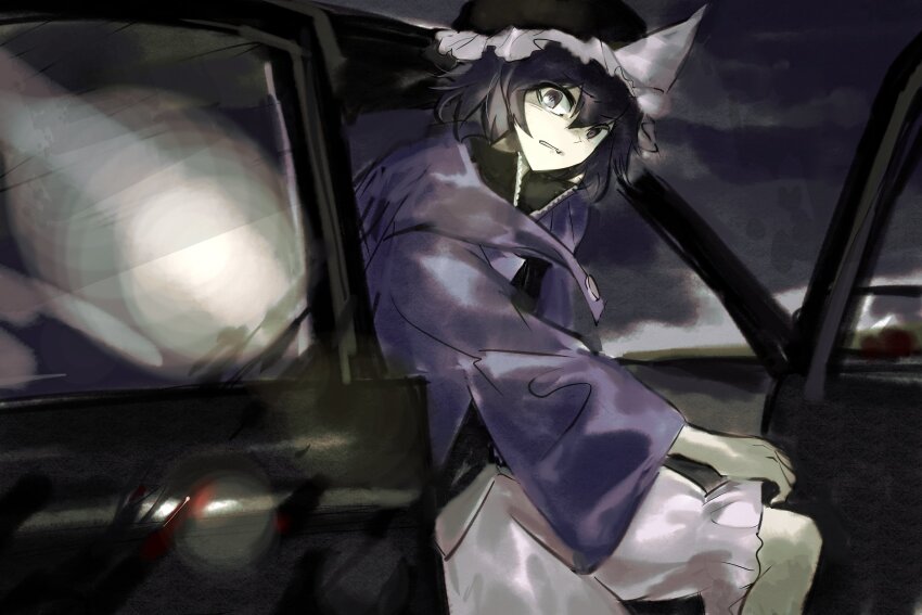 1other androgynous black_hair black_hat black_shirt blood blood_splatter car car_door chinese_commentary clenched_teeth collared_shirt commentary commentary_request cowboy_shot detached_hood english_commentary frilled_headwear frilled_shorts frills furrowed_brow hair_between_eyes hat high_collar highres hood hood_down hooded_jacket horrified implied_murder jacket len&#039;en long_sleeves looking_at_viewer mixed-language_commentary mob_cap motor_vehicle night open_clothes open_jacket other_focus outdoors puffy_shorts purple_eyes purple_jacket shirt shitodo_kuroji short_hair shorts sitting solo teeth triangular_headpiece white_shorts wide-eyed wide_sleeves yancao_(pixiv_103434280) zipper