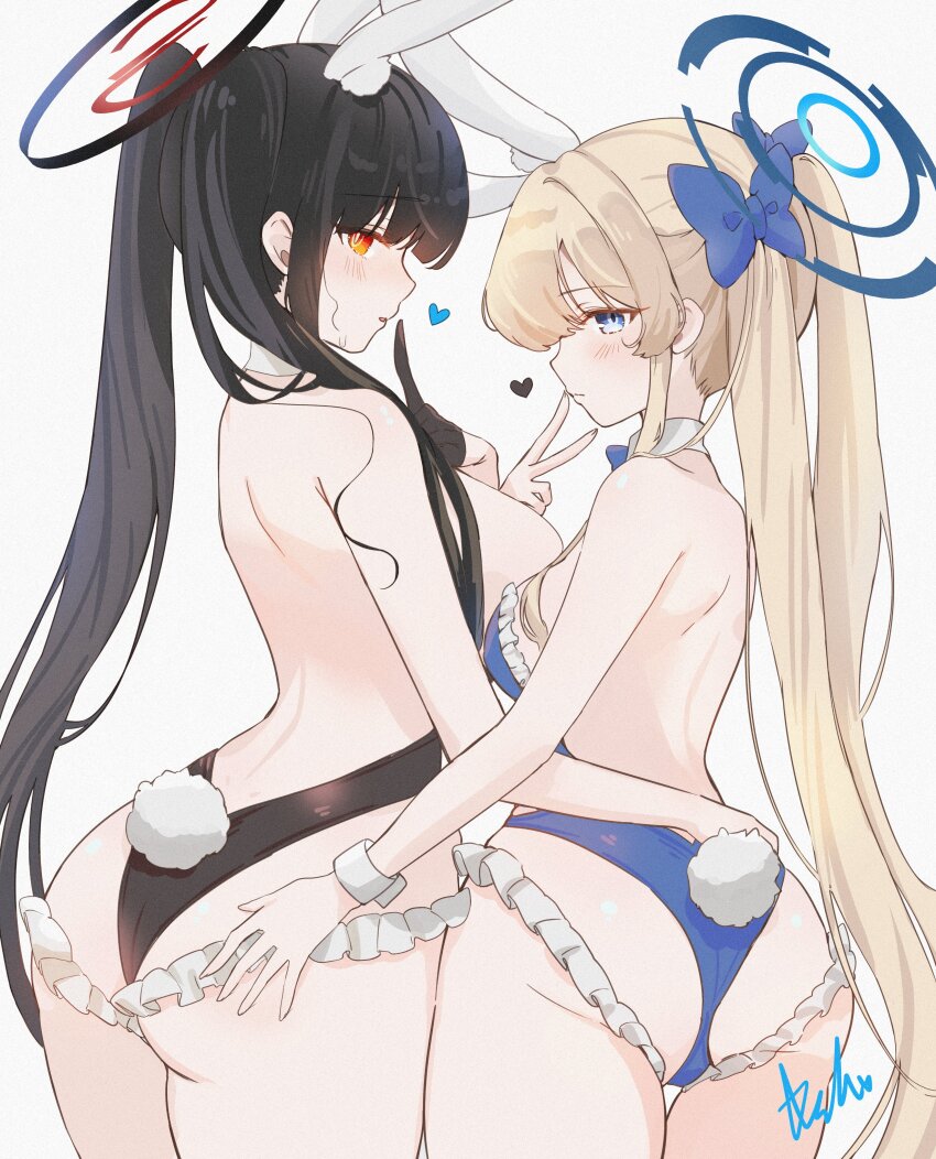 2girls absurdres alternate_costume animal_ears ash_(cat7evy) ass backless_leotard bare_back bare_shoulders black_gloves black_hair black_halo blonde_hair blue_archive blue_bow blue_eyes blue_halo blush bow breasts closed_mouth collar commentary detached_collar fake_tail film_grain from_behind gloves hair_between_eyes hair_bow halo hand_on_another&#039;s_ass hand_up high_ponytail highres leotard long_hair looking_at_viewer looking_back medium_breasts multiple_girls parted_lips playboy_bunny ponytail rabbit_ears rabbit_tail red_eyes rio_(blue_archive) signature simple_background strapless strapless_leotard symbol-only_commentary tail toki_(blue_archive) toki_(bunny)_(blue_archive) v v_over_mouth very_long_hair white_background white_collar