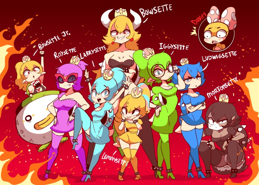 2018 6+girls adjusting_eyewear adjusting_glasses arm_up arms_up artist_name bandana bare_shoulders black-framed_eyewear black_dress black_eyes black_leotard black_thighhighs blonde_hair blue_dress blue_eyes blue_hair blue_thighhighs blush bow bowser_jr. bowsette bowsette_jr. bracelet breasts cameltoe character_name cleavage clenched_hand closed_mouth collarbone colored_skin crossed_arms crown dark-skinned_female dark_skin diives dress earrings fang fangs female_focus fire full_body genderswap genderswap_(mtf) glasses gradient_background green_dress green_hair green_thighhighs hair_between_eyes hand_on_own_hip hand_up hands_on_own_cheeks hands_on_own_face hands_on_own_hips happy high_heels high_ponytail horns iggy_koopa iggysette jewelry knees_together_feet_apart koopa_clown_car koopaling larrette larry_koopa leg_up legs_apart lemmy_koopa lemmysette leotard long_hair looking_at_viewer ludwig_von_koopa ludwigsette mario_(series) matching_hair/eyes mature_female medium_breasts morton_koopa_jr. mortonsette mother_and_daughter multicolored_hair multicolored_skin multiple_girls new_super_mario_bros._u_deluxe nintendo open_mouth panties personification pigeon-toed pink_bow pointy_ears polka_dot polka_dot_bow ponytail puffy_short_sleeves puffy_sleeves purple_dress purple_eyes purple_hair purple_thighhighs raised_eyebrow red-framed_eyewear red_background red_eyes roy_koopa roysette sharp_teeth shoes short_dress short_sleeves sideboob signature simple_background single_sleeve smile spiked_bracelet spiked_shell spikes squatting standing standing_on_one_leg strapless strapless_leotard sunglasses super_crown tail teeth thighhighs tinted_eyewear tongue tongue_out turtle_shell two-tone_skin underwear upskirt wendy_o._koopa white_panties yellow_dress yellow_thighhighs zettai_ryouiki