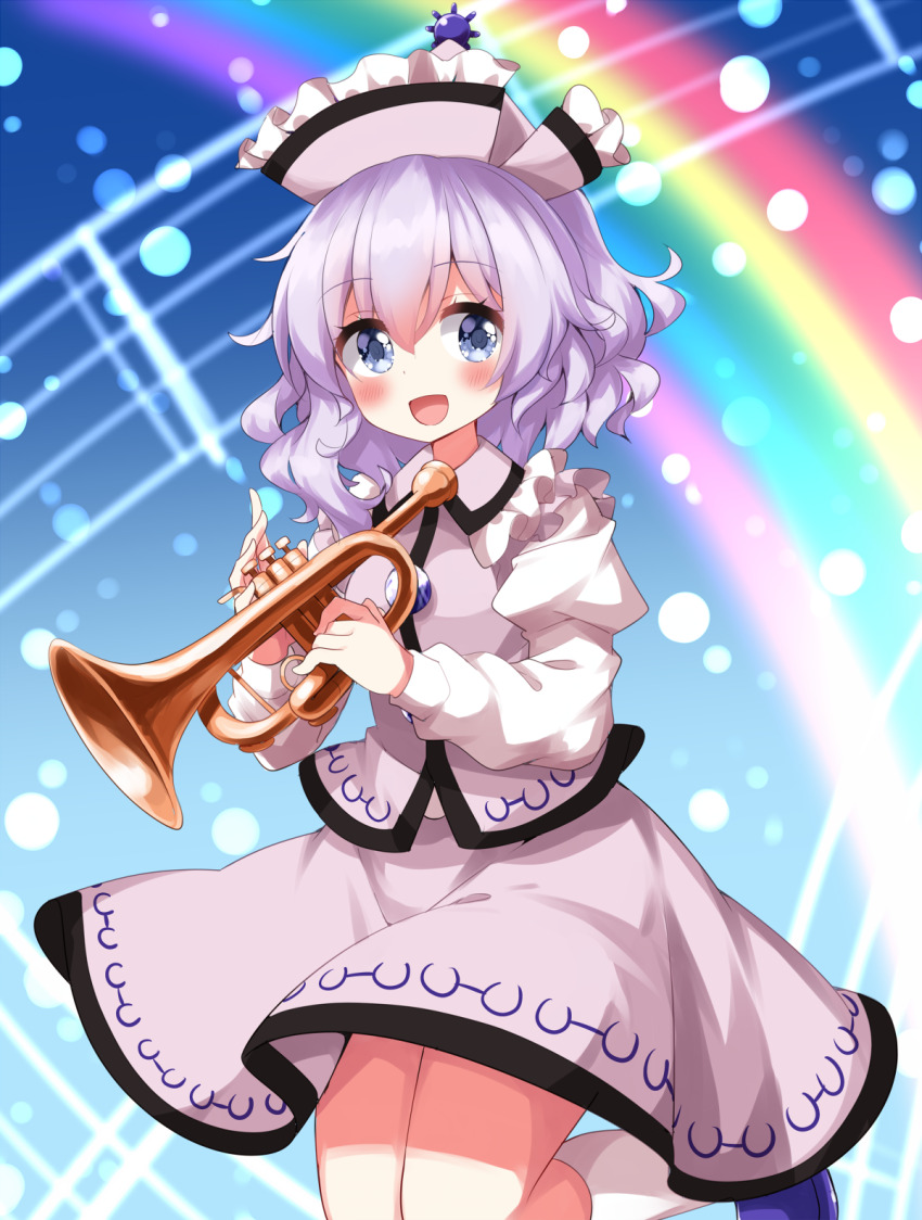 1girl :d blue_background commentary_request frilled_hat frills gradient_background grey_eyes hat highres holding holding_instrument instrument looking_at_viewer medium_hair merlin_prismriver open_mouth pink_hat pink_shirt pink_skirt purple_hair ruu_(tksymkw) shirt skirt smile socks solo sun_hat_ornament touhou trumpet white_socks