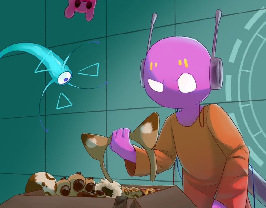 1boy animal_ears antennae blue_background box cable cat_ears cat_paws cat_tail circle_facial_mark clothes colored_skin commentary creature dots english_commentary facial_mark fake_animal_ears fake_paws fake_tail five_pebbles forehead_mark highres holding holding_ears humanoid_robot indoors iterator_(rain_world) long_sleeves male_focus no_humans no_mouth no_nose no_pupils orange_cloak orange_robe outfits overseer_(rain_world) pink_skin rain_world robe robot robot_boy robot_ears slugcat solo_focus tail tile_wall tiles white_eyes wire
